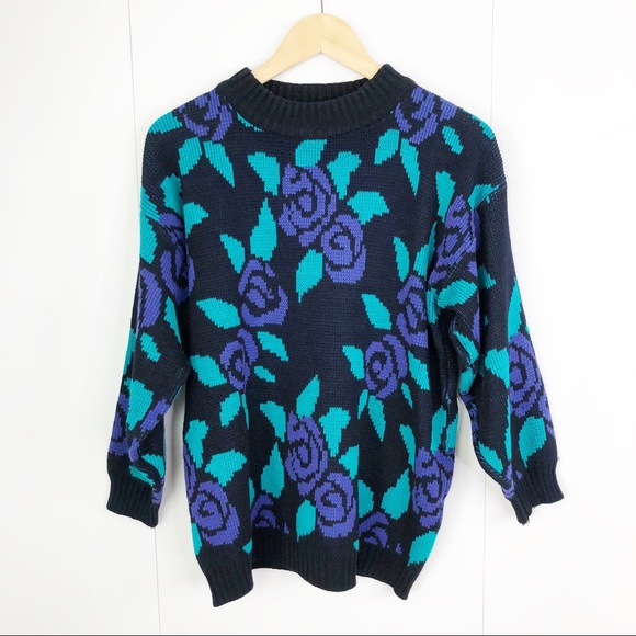 Erika Vintage Purple Rose Crew Neck Sweater Medium 90s Y2K - Picture 3 of 9